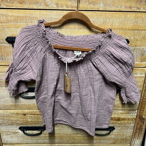 NATURAL LIFE Purple Smocked Ruffled Short Sleeve Blouse